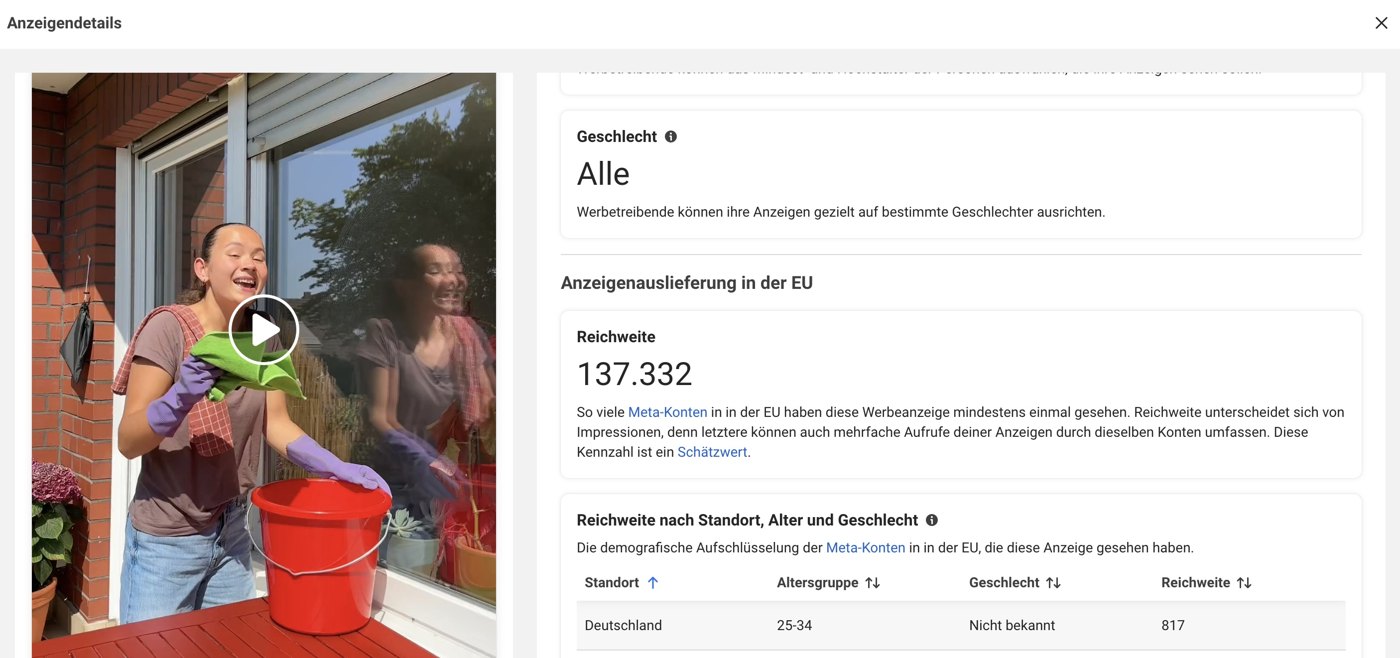 Screenshot Beweis: Reichweite und dadurch eine der top performenden Helpling Ads
