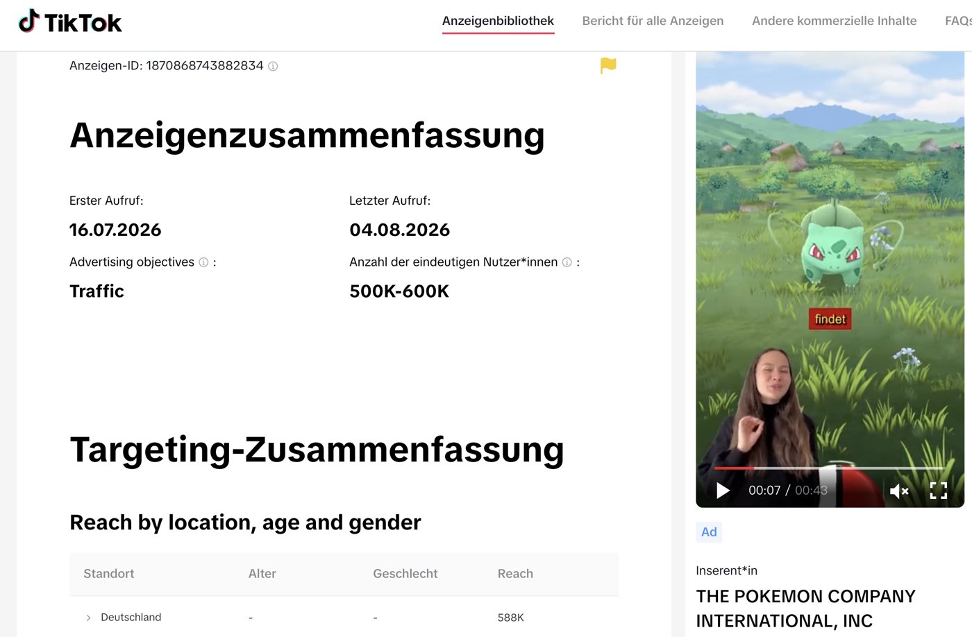 Screenshot Beweis: Reichweite innerhalb 1,5 Monaten für Pokemon Kampagne